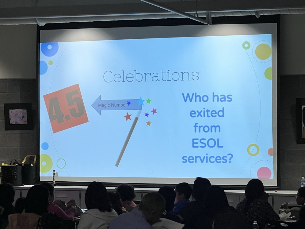 photo of darkened room powerpoint slide with text that says celebrations who has exited from esol services?