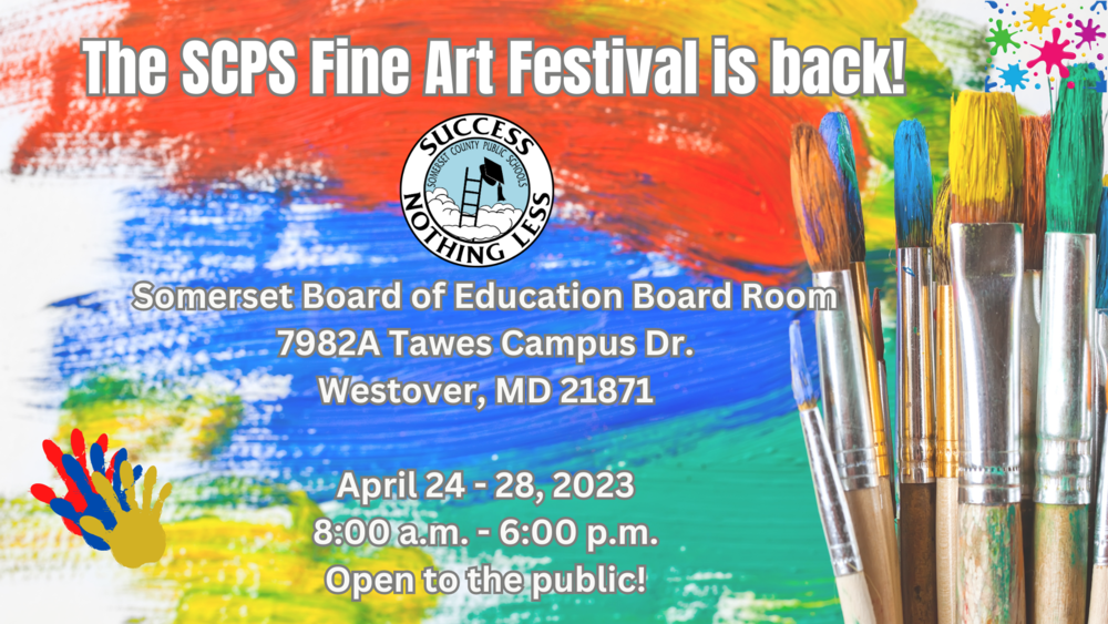 colorful paint on a canvas with several paint brushes in a pile with text that reads SCPS Student Art Show - April 24-28-2023