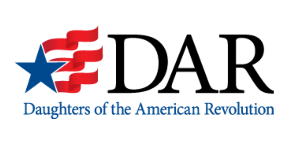 DAR Logo of a blue star, red stripes with text DAR Daughters of the American Revolution 