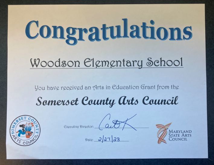 Certificate given to WES by the Somerset County Arts Council for receiving a grant