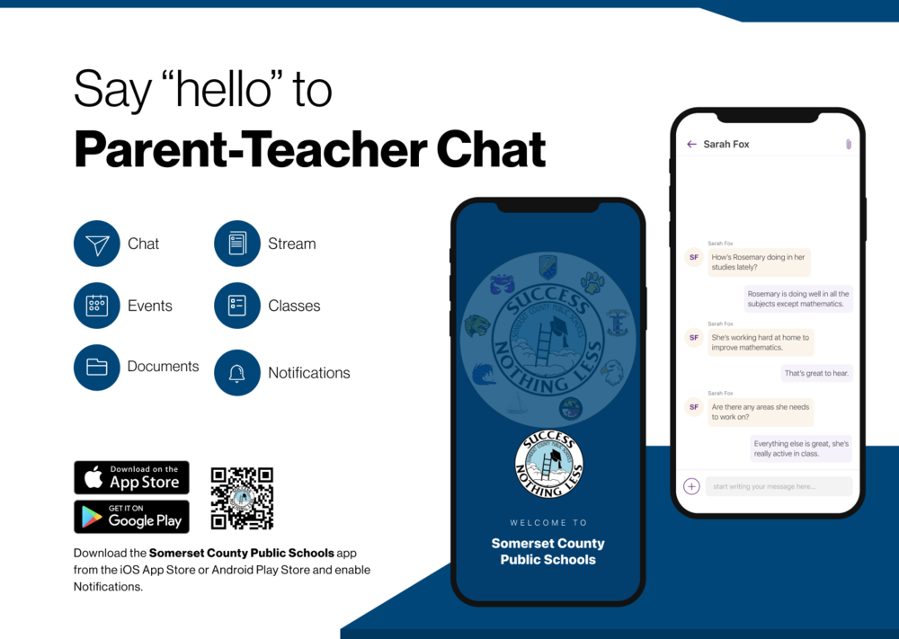 white banner background with cell phone and text that reads "say hello to parent-teacher chat"