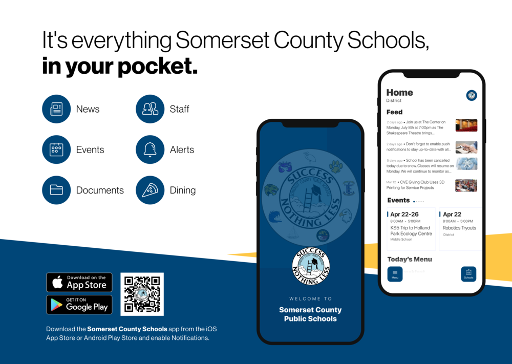 white background with blue and yellow border and two cell phones showing the SCPS mobile app with text that reads: its everything SCPS in your pocket. below are links to download the app google and apple app store