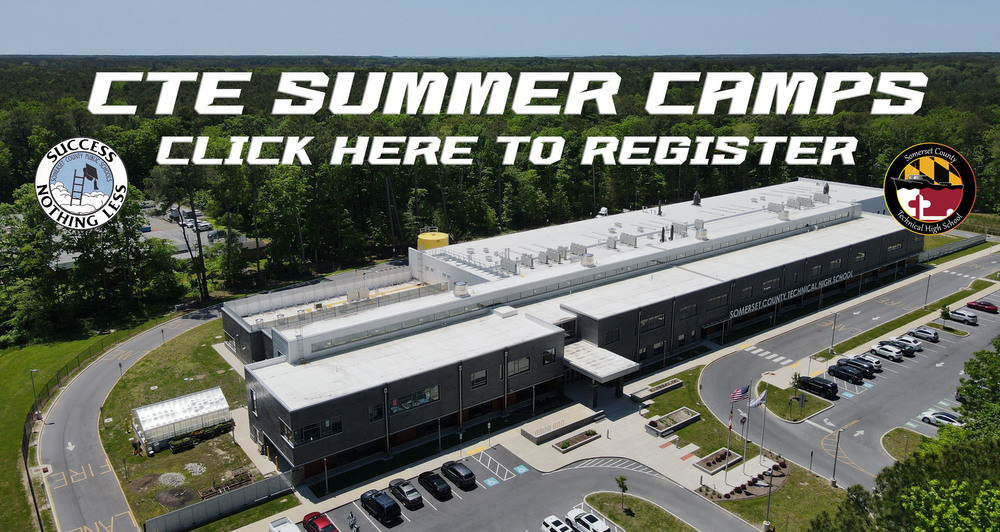 aerial photo of SCTHS with text that reads cte summer camps click here to register