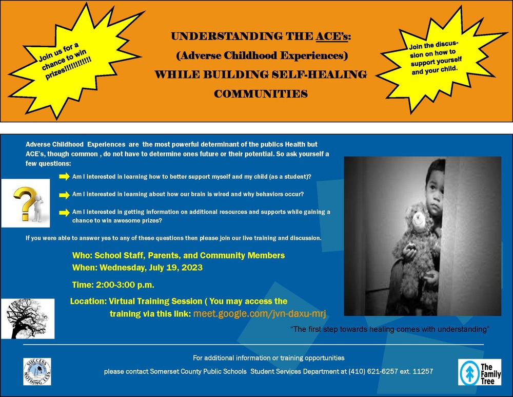 blue and orange background with advertising for adverse childhood experiences virtual training on 7-19-23