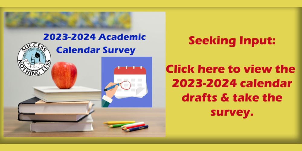 2023-2024 Academic Calendar Survey text above SCPS logo and a stack of books with an Apple on it. Text also says Seeking Input: Click here to view the 2023-2024 calendar drafts and take the survey