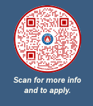 Image of a QR code with text that reads "scan for more info and to apply"