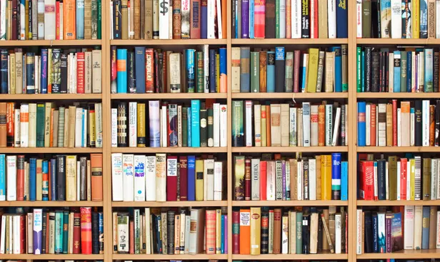 Image with four shelves of colorful books