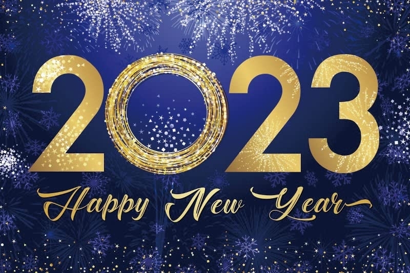 2023  and Happy new Year in gold letters with blue background  and fireworks