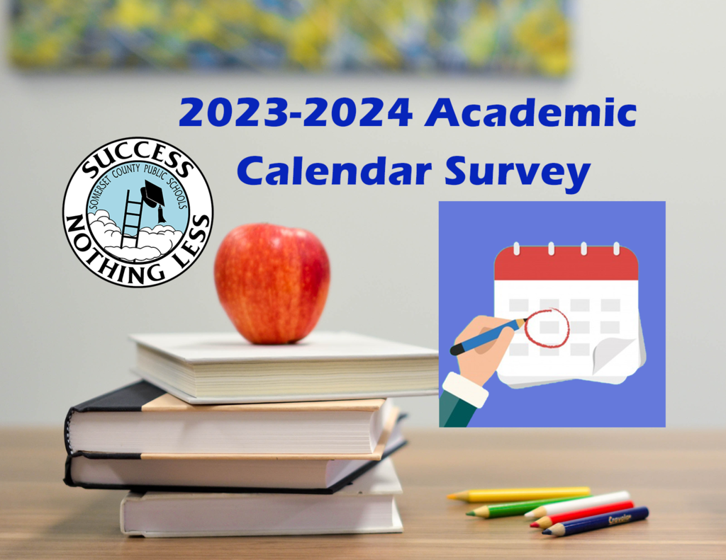 books stacked with an apple on top with text that says 2023-2024 academic calendar survey
