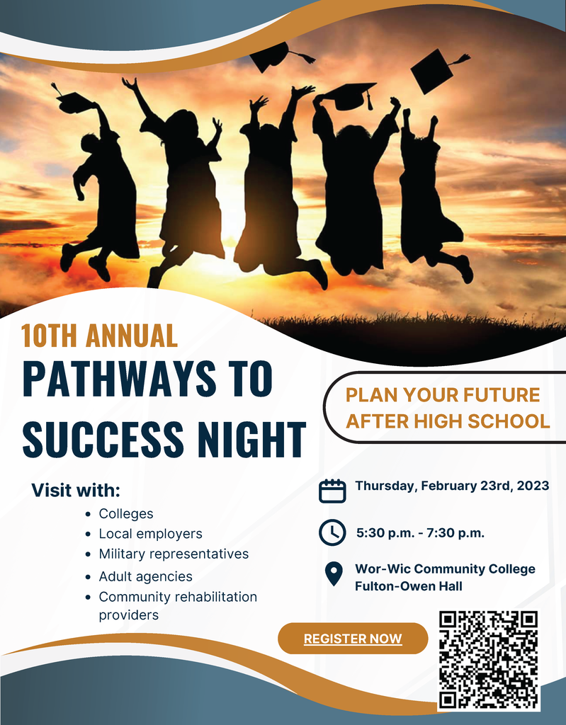 photo of graduates jumping in front of a sunset background with text that reads: 10th annual pathways to success night. Plan your future after High School. Visit with colleges, employers, military reps, adult agencies, community rehab providers. Thursday, Feb 23, 2023 from 5:30-7:30 pm at Wor-Wic Community College Fulton Owen Hall Register now: https://docs.google.com/forms/d/e/1FAIpQLSet6RMCJsGjpHl1W0YklS3H7WHIVLeUkXaeA1bUU6QigsTDyQ/viewform