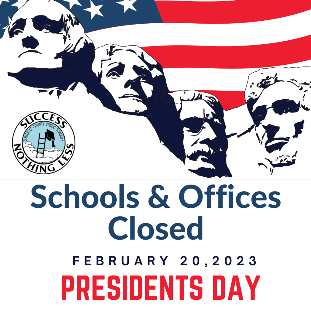 American Flag and Mt Rushmore background with SCPS logo and text that says: Schools & Offices Closed Feb. 20 2023, President's Day