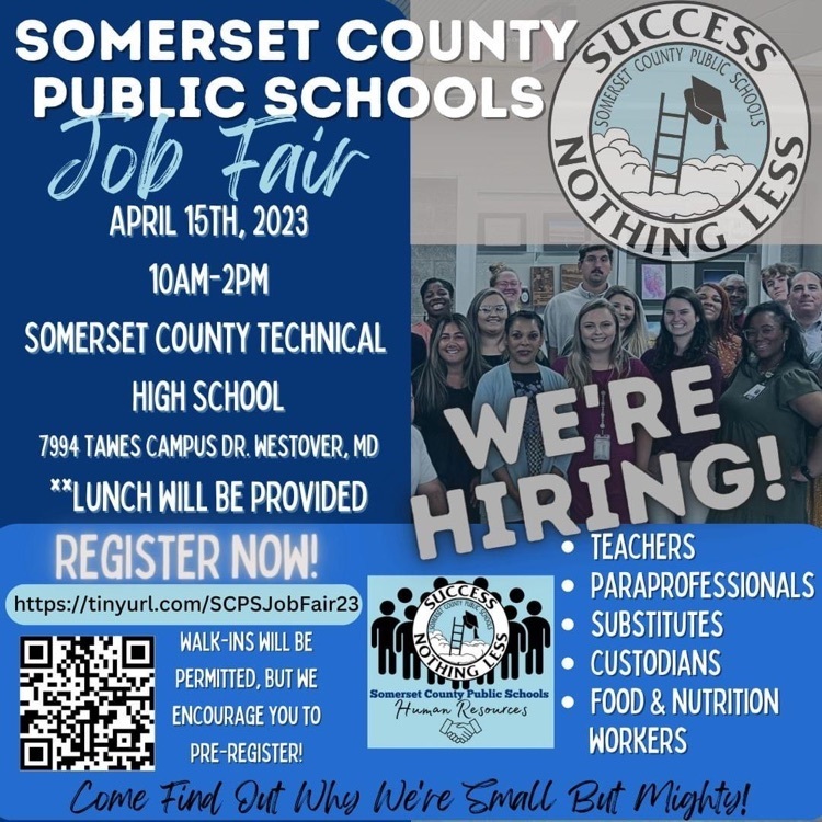 blue background with photo of people smiling and SCPS logo. text that reads SCPS job fair April 15 10am - 2pm at the Somerset county technical high school