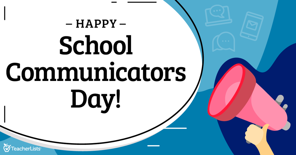bullhorn and text circle that says happy school communicators day!