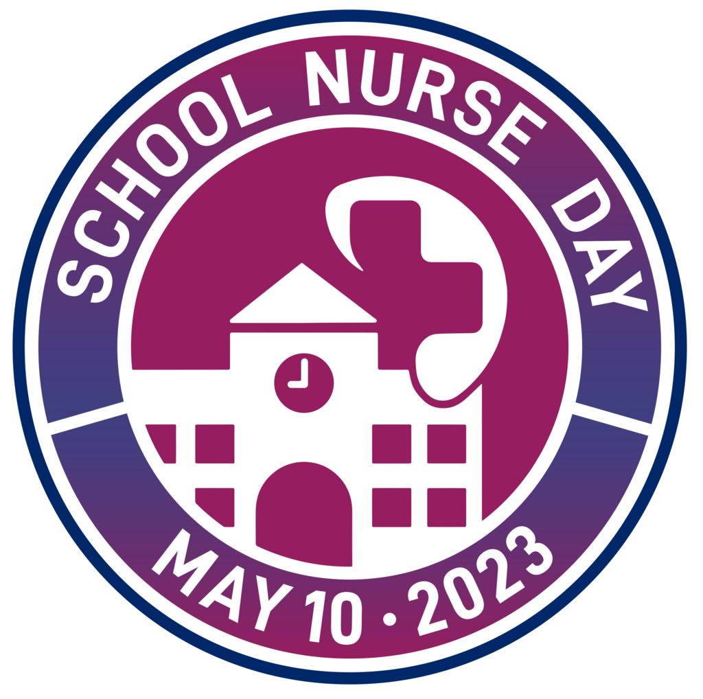 circle with a school in the middle and text that says school nurse day may 10 2023