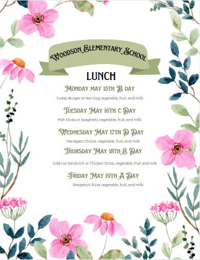 Lunch Menu for the week of 5/15/2023