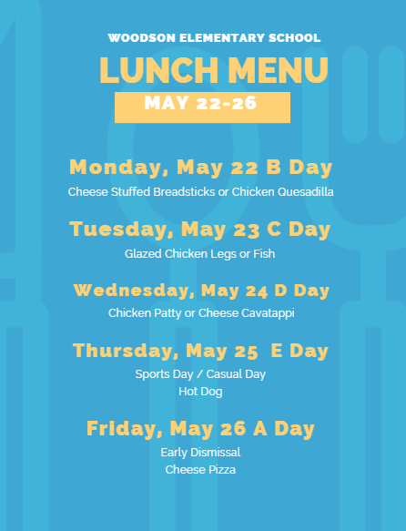 Lunch Menu for the week of 5/22/23