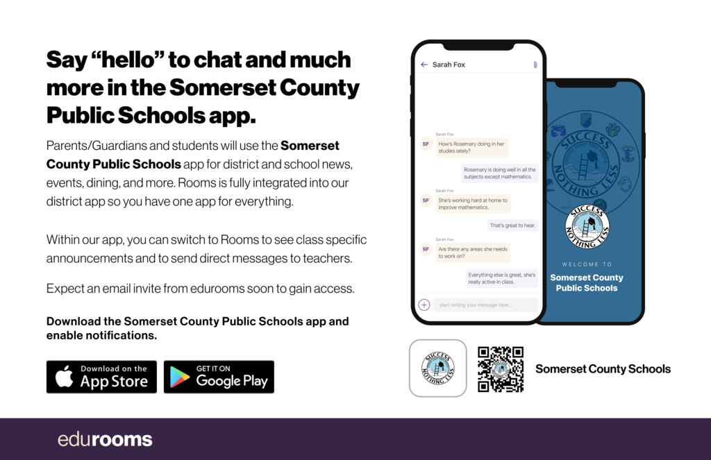 photo of a phone and app with text reading say hello to chat and much more in the Somerset County Public Schools App