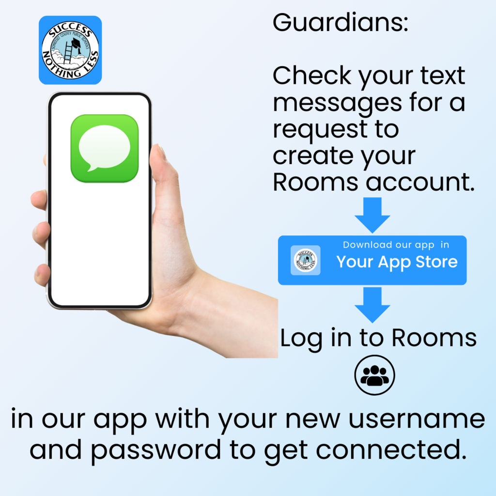GUARDIANS check your text messages for a request to create your rooms acount. download our app in your app store, log into Rooms in our app with your new username and password to get connected